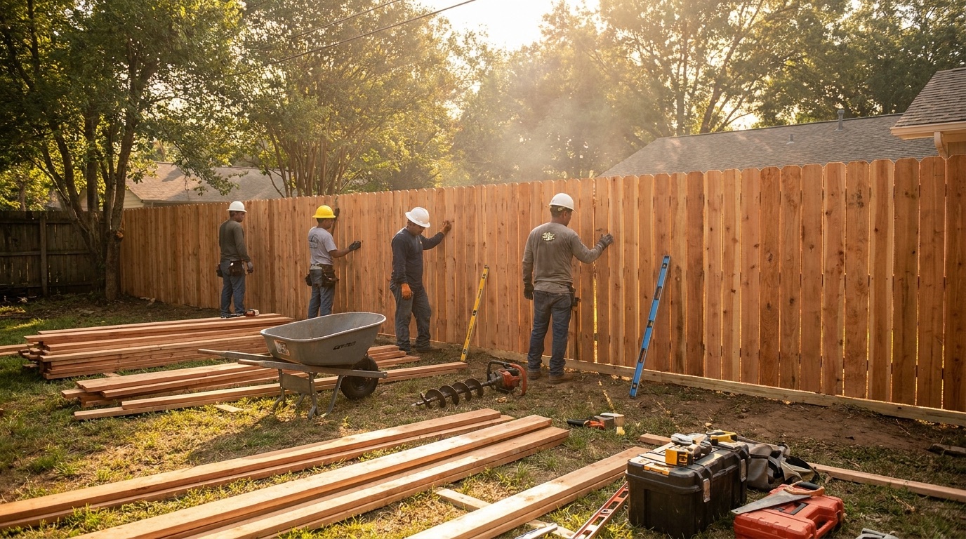 A new 6-foot cedar wood privacy fence installed along a residential backyard property line on a clear day