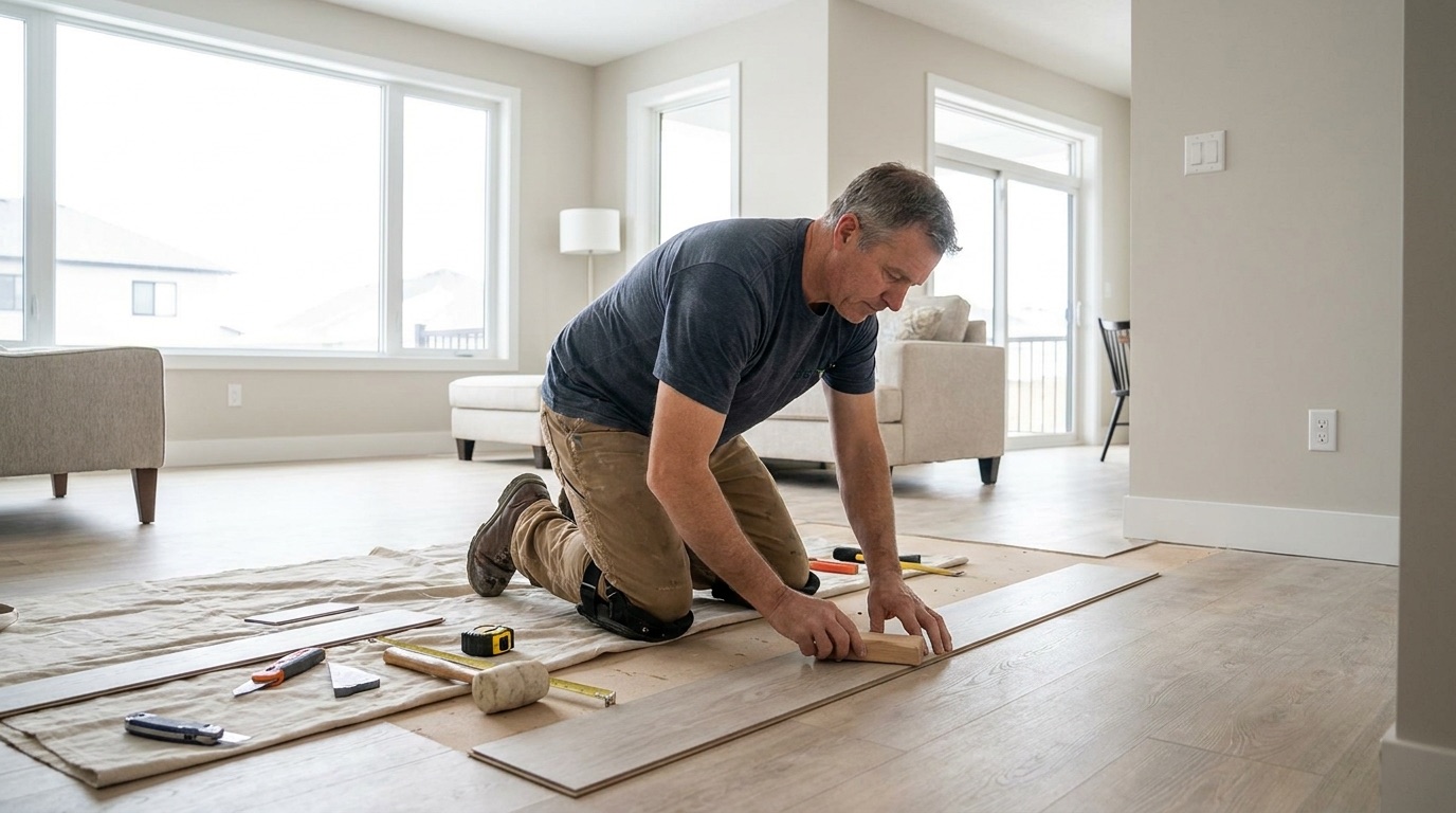 Installer laying luxury vinyl plank flooring in a bright living room