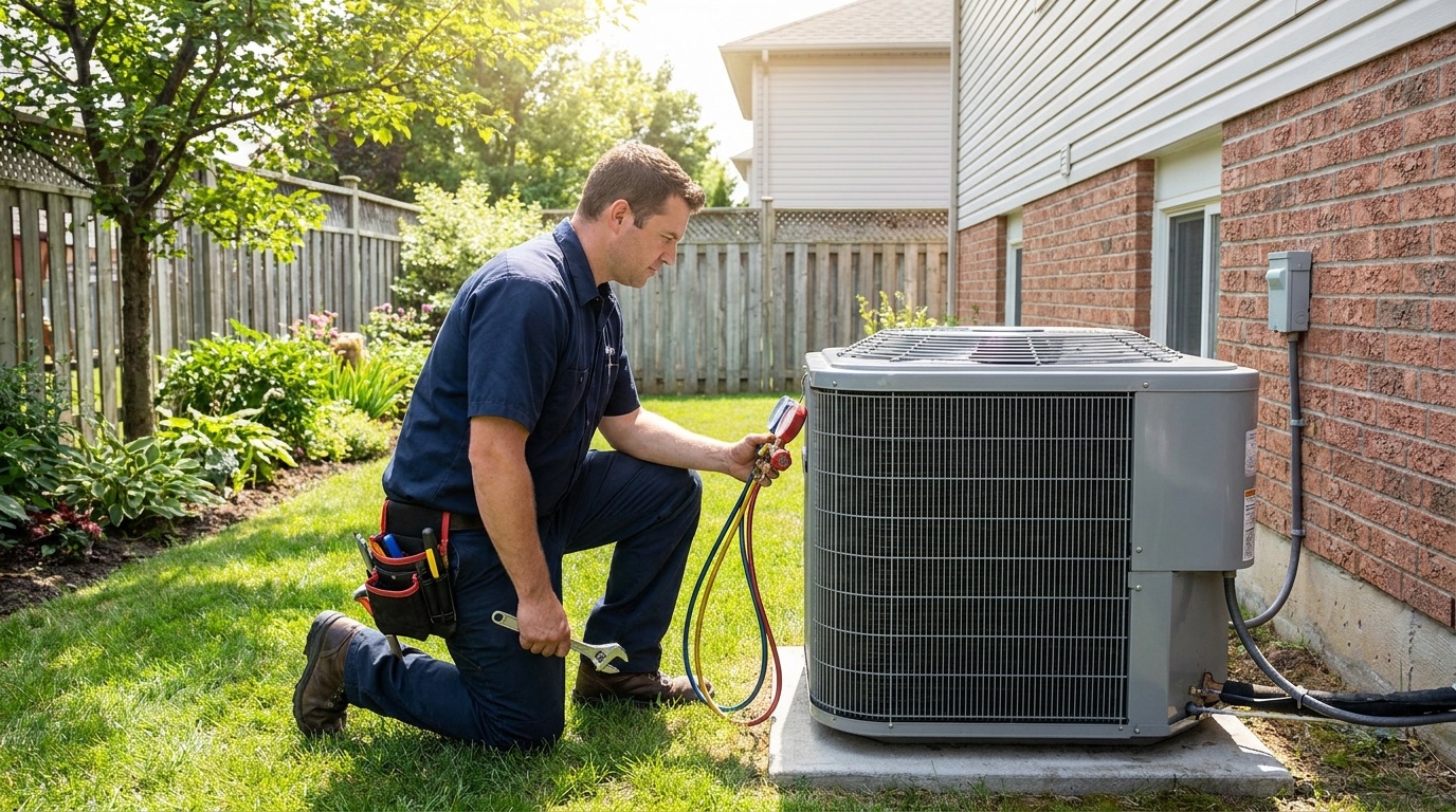 Technician installing a new outdoor condenser unit next to a house on a concrete pad