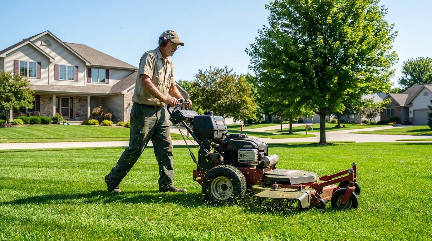 Lawn care professional mowing a green residential front yard with a commercial walk-behind mower on a sunny day