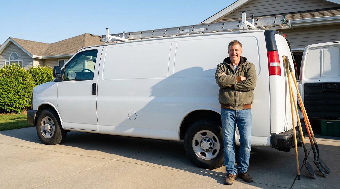 A home-service business owner standing in front of a work van