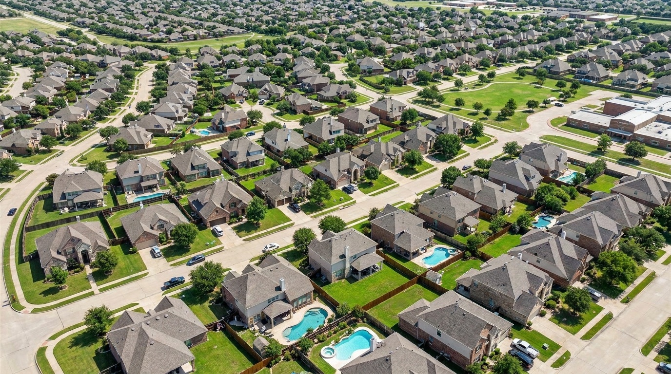 An aerial satellite view of a suburban neighborhood with roofs, pools, and lawns